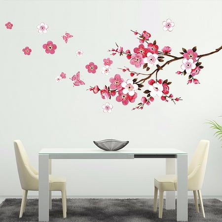 Supzone Cherry Blossom Wall Sticker Japanese Sakura Wall Decal Pink Flower Branch and Butterfly Wall Decor DIY Vinyl Mural Art for Bedroom Living Room Office Sofa TV Backdrop Wall Decoration 